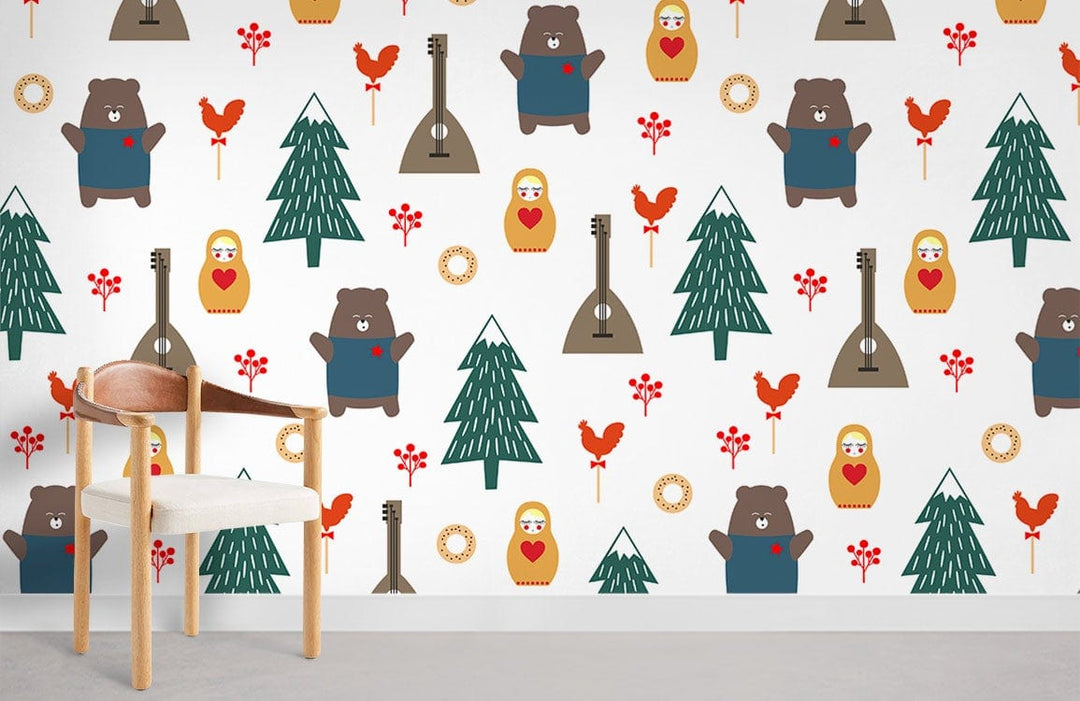 Charming Forest Folk Theme Wallpaper with playful bears and trees, light wood chair, grey flooring.