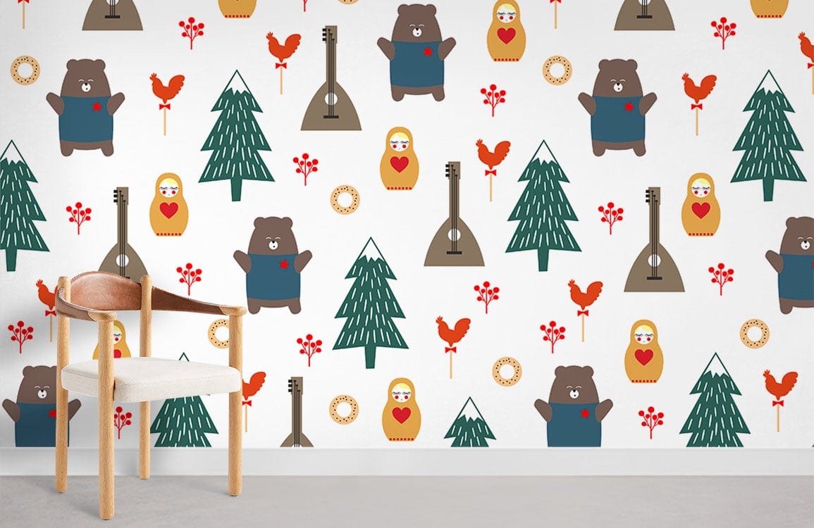 Charming Forest Folk Theme Wallpaper with playful bears and trees, light wood chair, grey flooring.