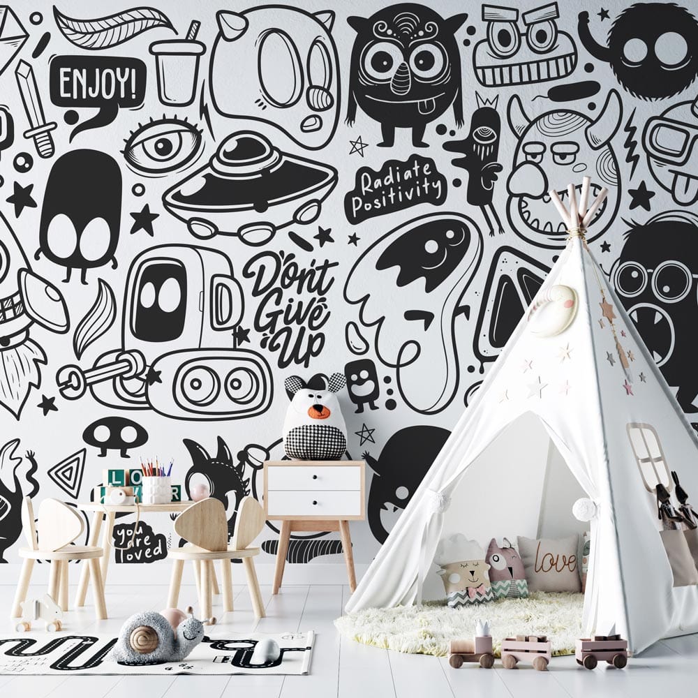 Monochrome doodle mural wallpaper, children's room with tipi tent, wooden chairs, light flooring, playful decor.