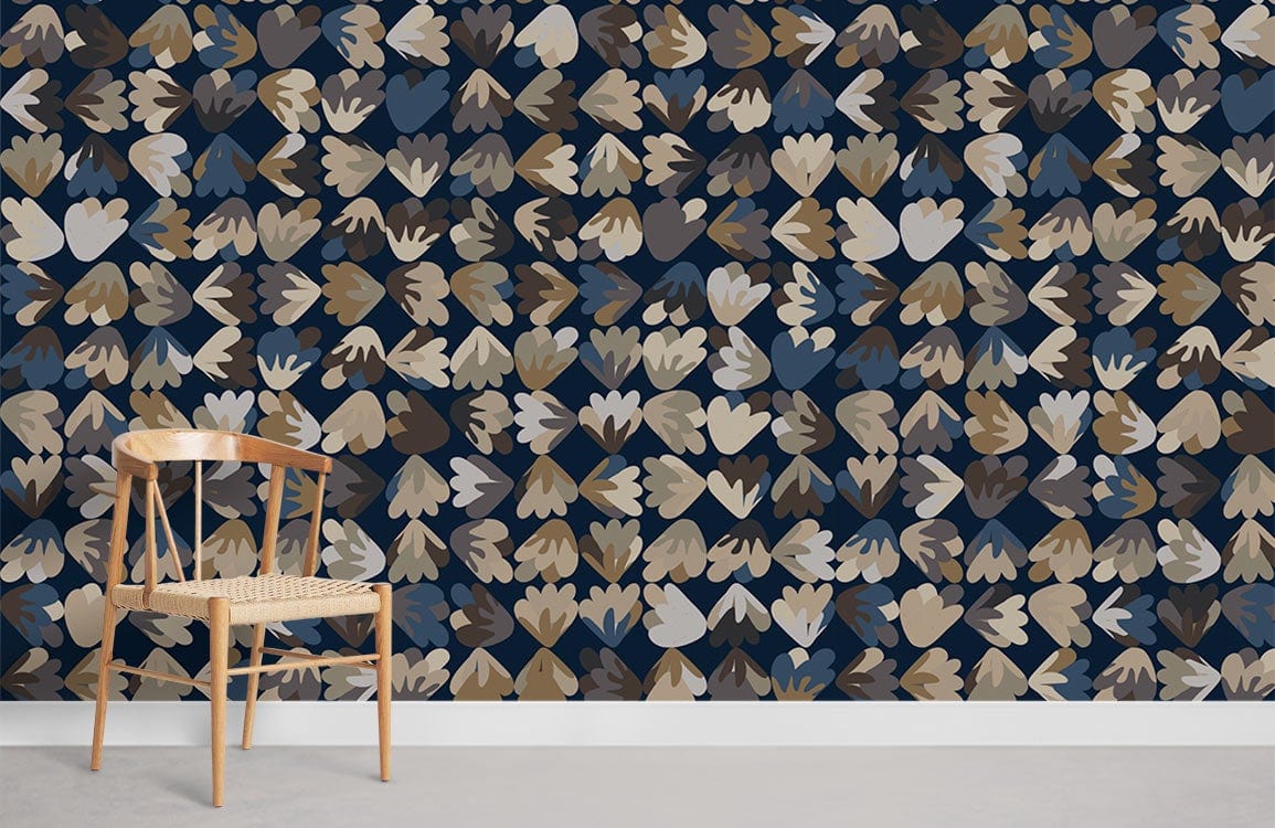 Rustic earth-toned heart leaves wallpaper with wooden chair; cosy interior design accent.