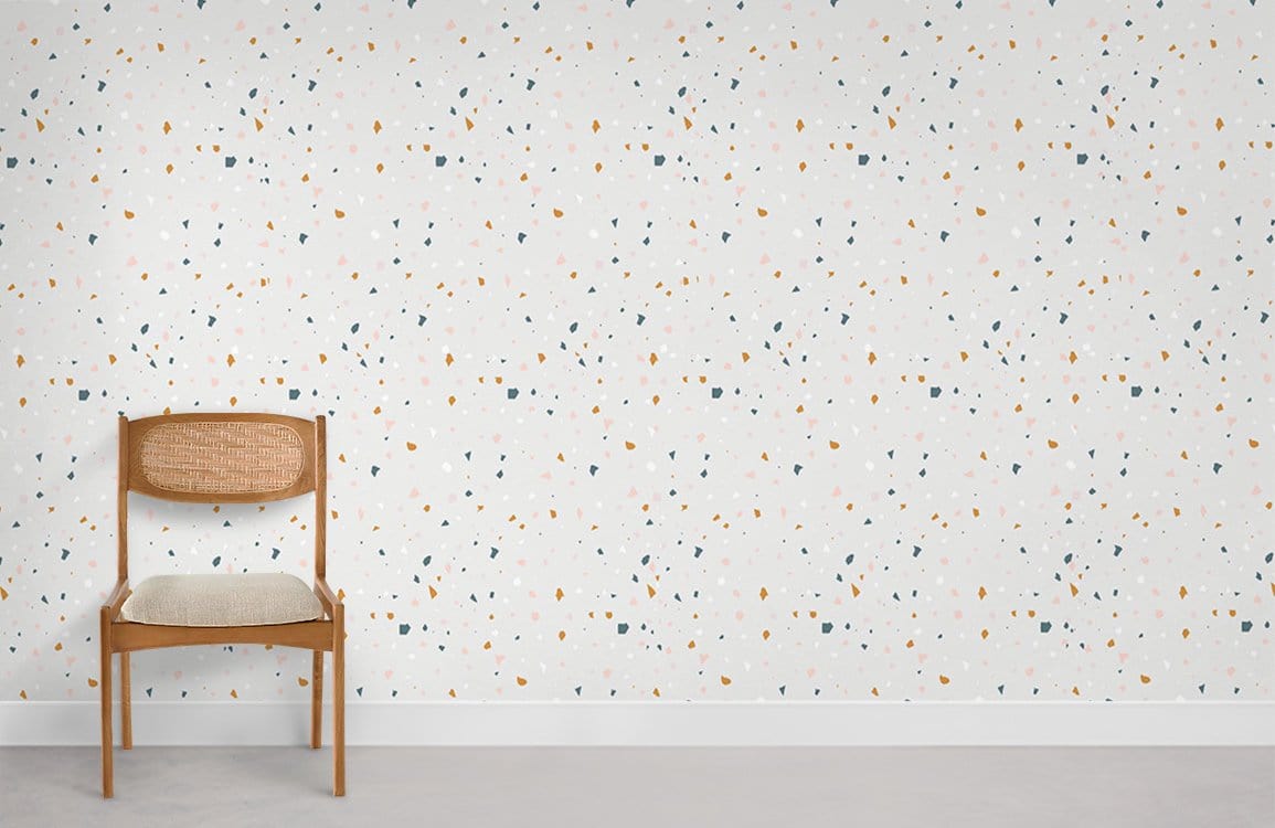 Speckled beige ochre terrazzo wallpaper, modern style, wooden chair, minimalist room, concrete flooring.