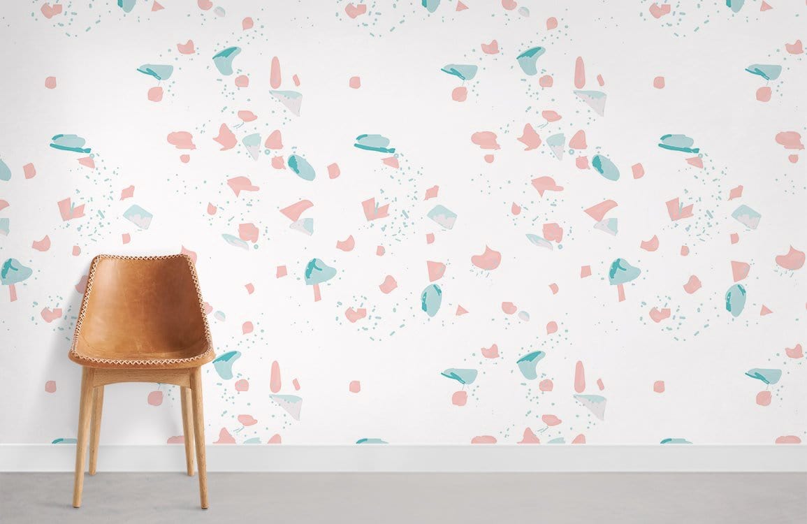 Pastel Abstract Terrazzo Pattern Wallpaper with modern pink and blue design; leather chair on grey flooring.