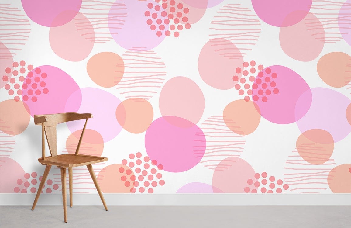 Pink and peach polka dot wallpaper with wooden chair, suitable for modern interiors, grey flooring.