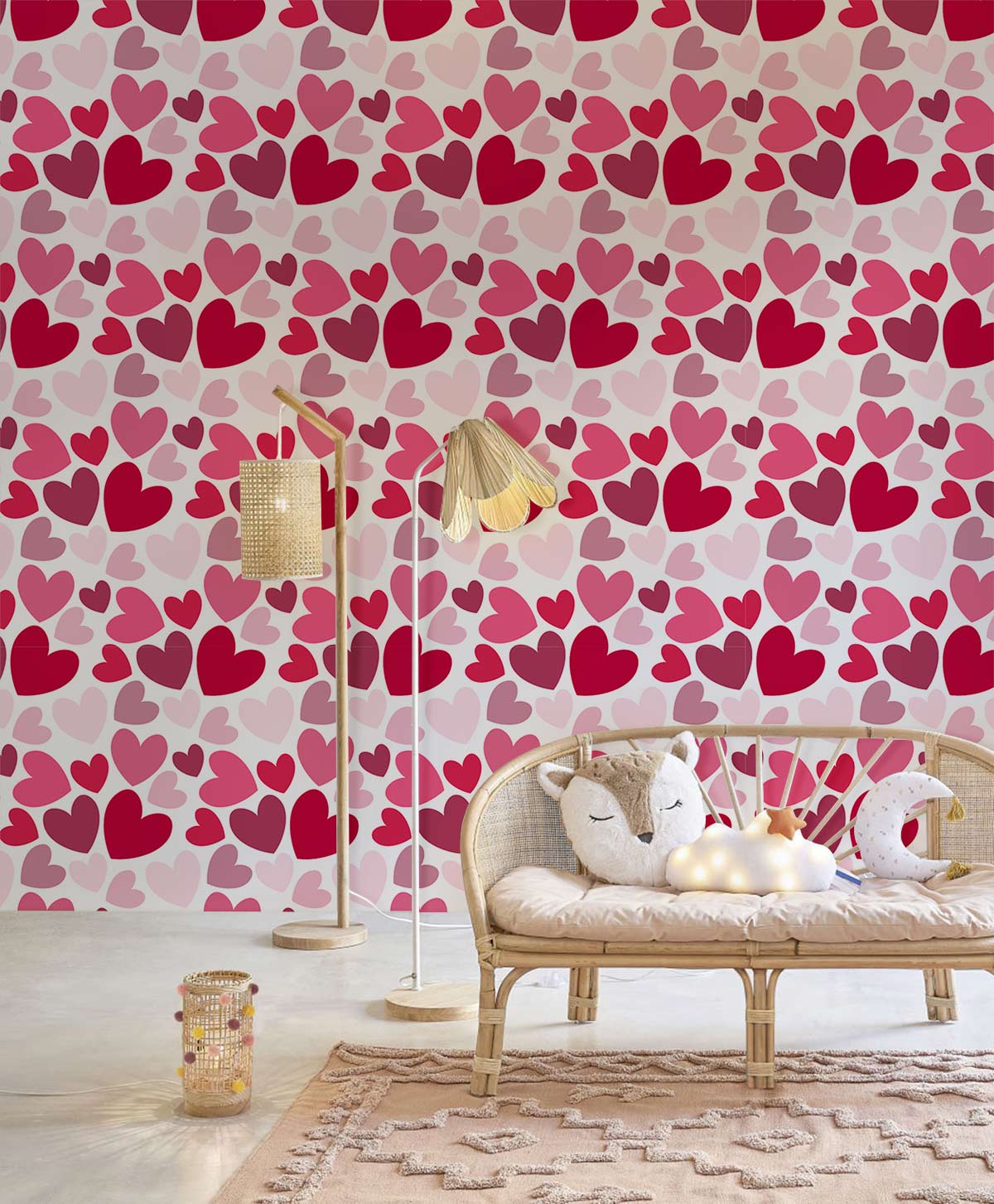 Romantic red and pink heart wallpaper, rattan sofa, woven lamps, in charming interior room.
