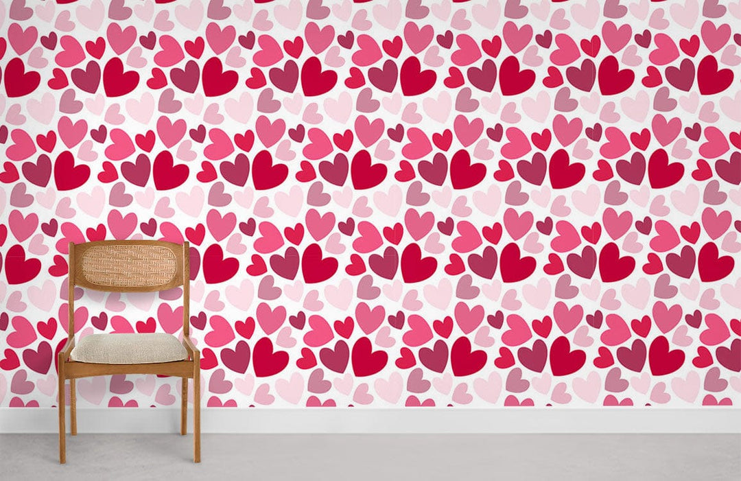 Romantic red and pink heart wallpaper with wooden chair in modern interior room setting.