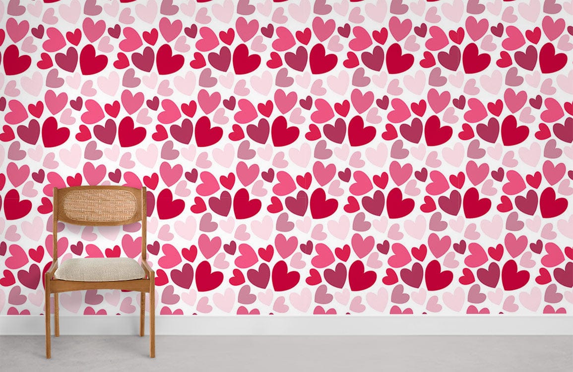 Romantic red and pink heart wallpaper with wooden chair in modern interior room setting.
