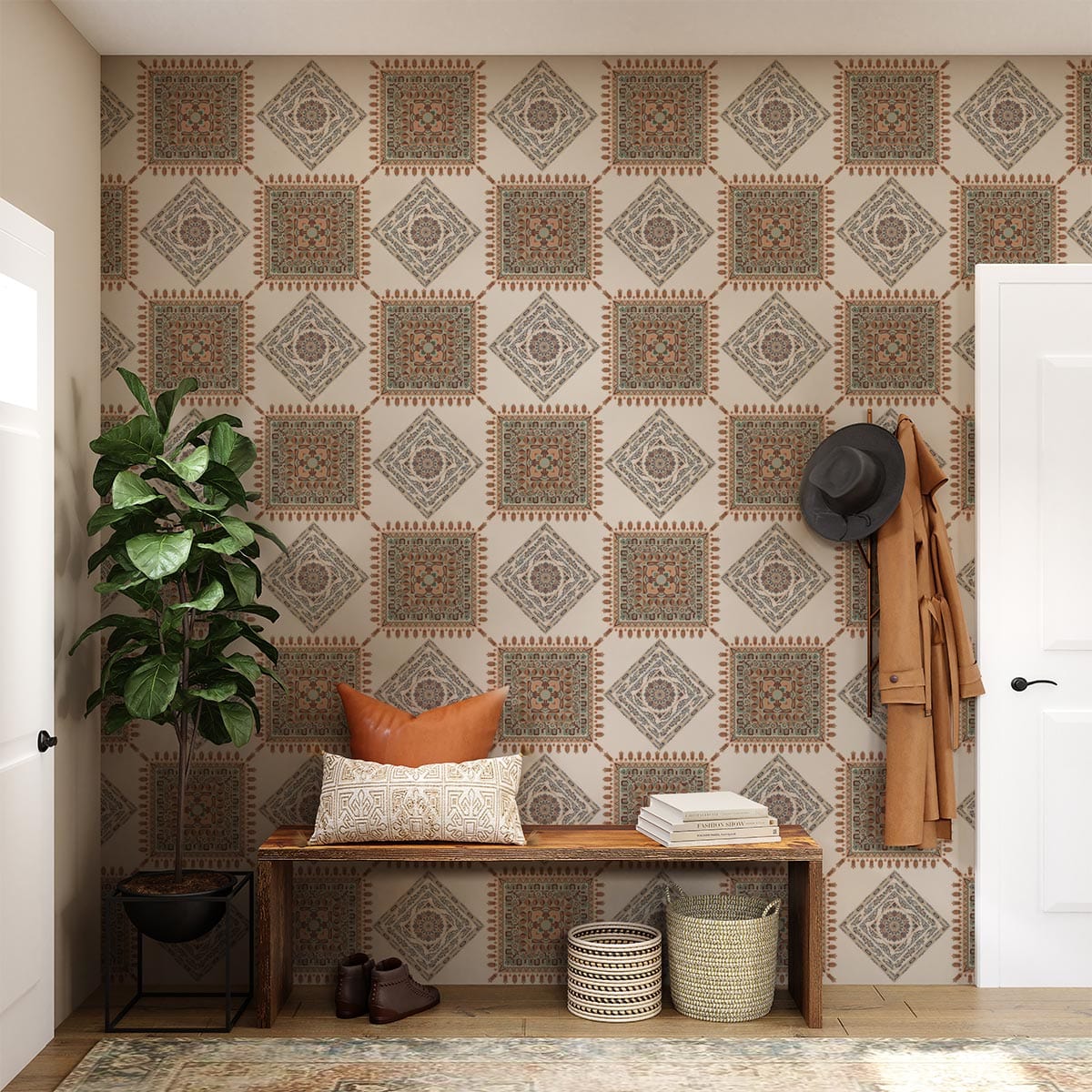 Vintage Geometric Diamond Pattern Wallpaper in Earth Tones for Chic Interiors