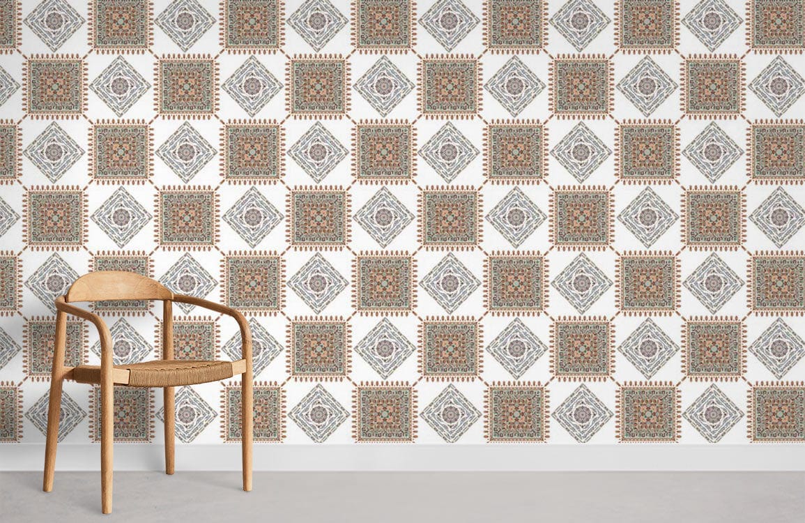 Vintage Geometric Diamond Pattern wallpaper, earth tones, wooden chair, chic interior, grey flooring.