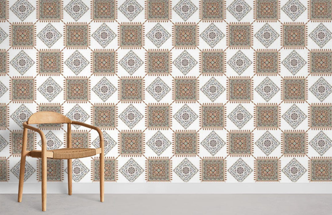 Vintage Geometric Diamond Pattern wallpaper, earth tones, wooden chair, chic interior, grey flooring.