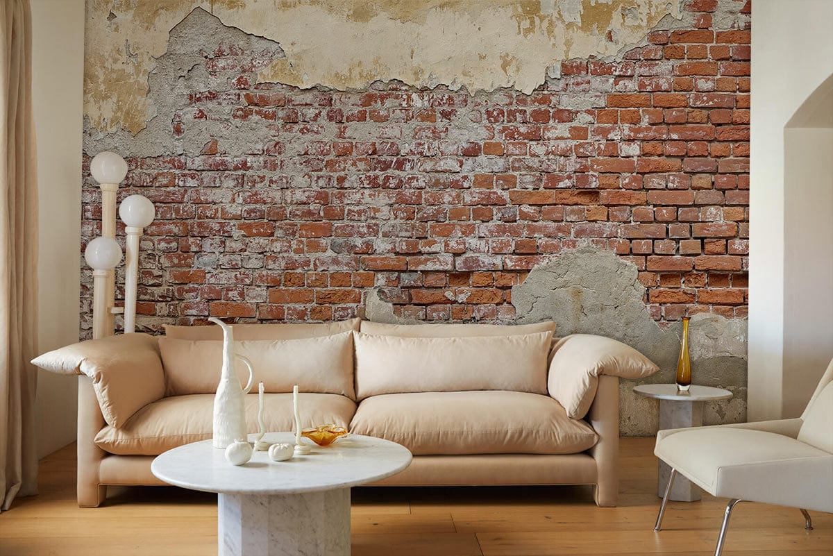 Vintage brick wallpaper in rustic red, beige sofa, marble coffee table, wooden flooring, modern lounge.