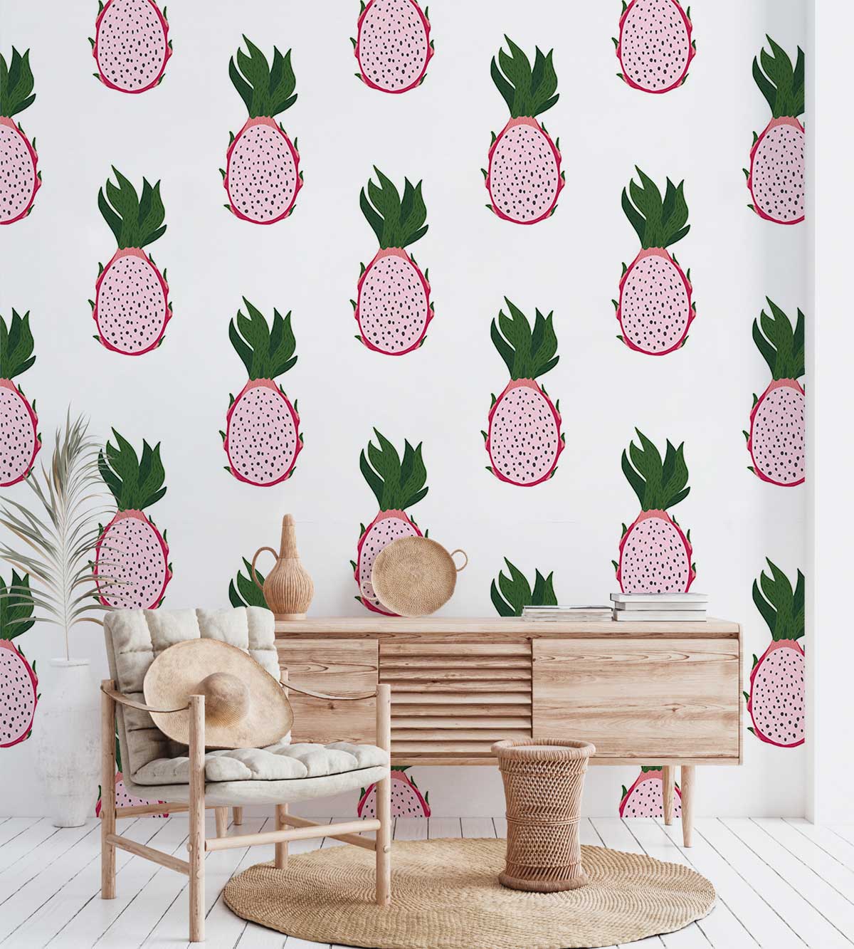 Tropical Dragon Fruit Pattern Wallpaper with neutral wood furniture in modern kitchen setting.