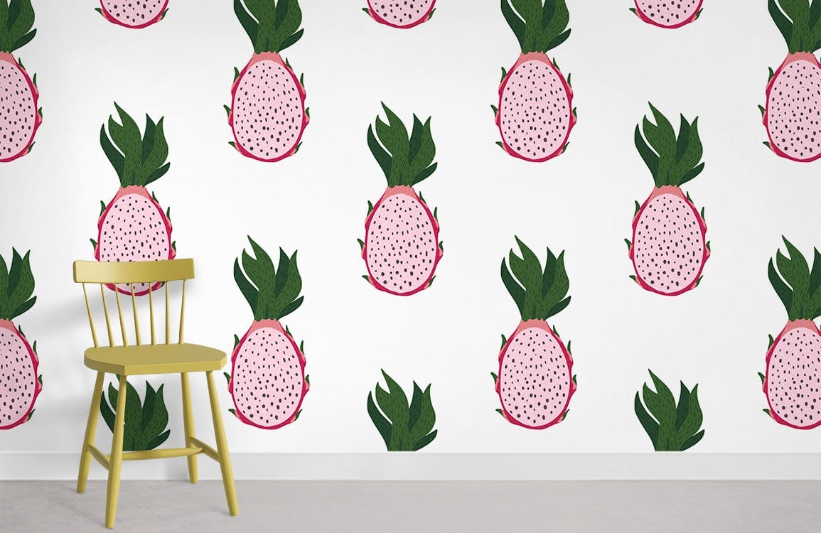 Tropical dragon fruit wallpaper with pink and green pattern, yellow chair, white wall, concrete flooring.
