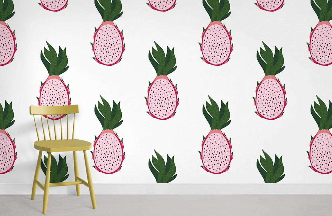 Tropical dragon fruit wallpaper with pink and green pattern, yellow chair, white wall, concrete flooring.