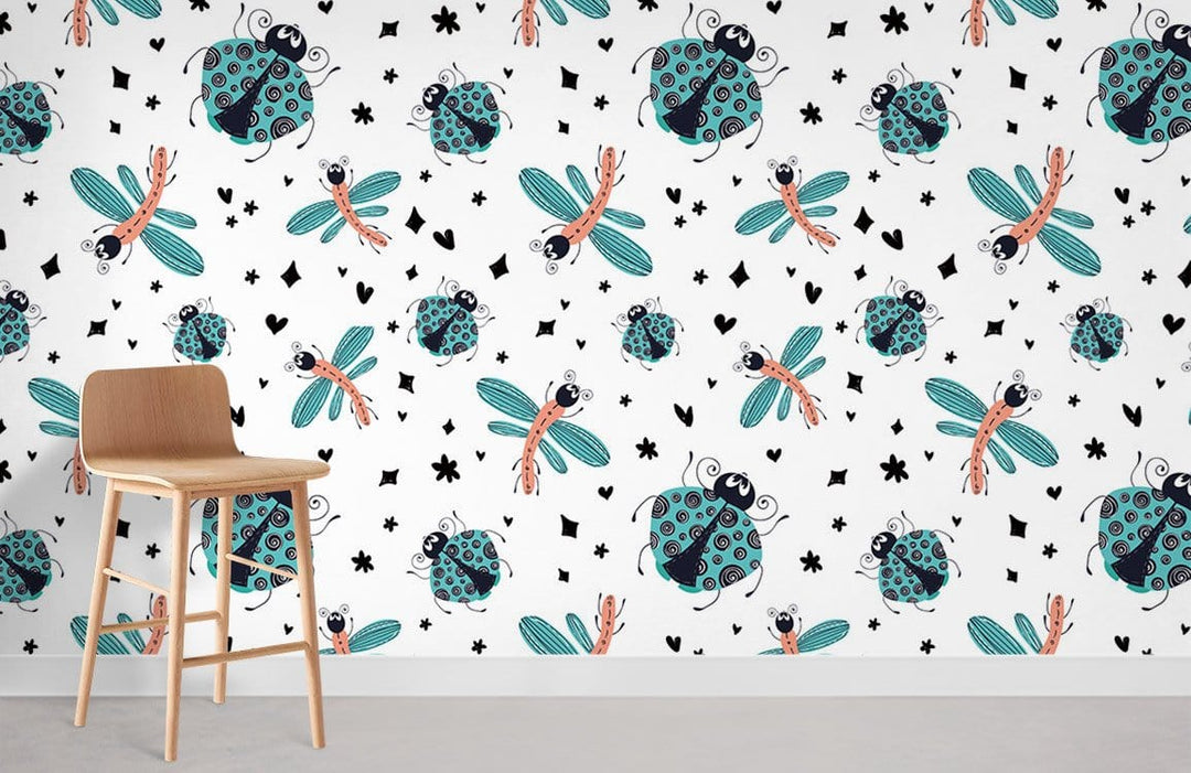 Aqua and coral ladybird dragonfly children's wallpaper with wooden chair, whimsical design in playful style.
