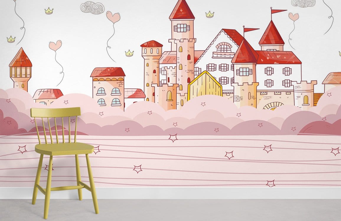 Whimsical Pink Castle Fantasy Mural Wallpaper in children's room with wooden chair and light flooring.