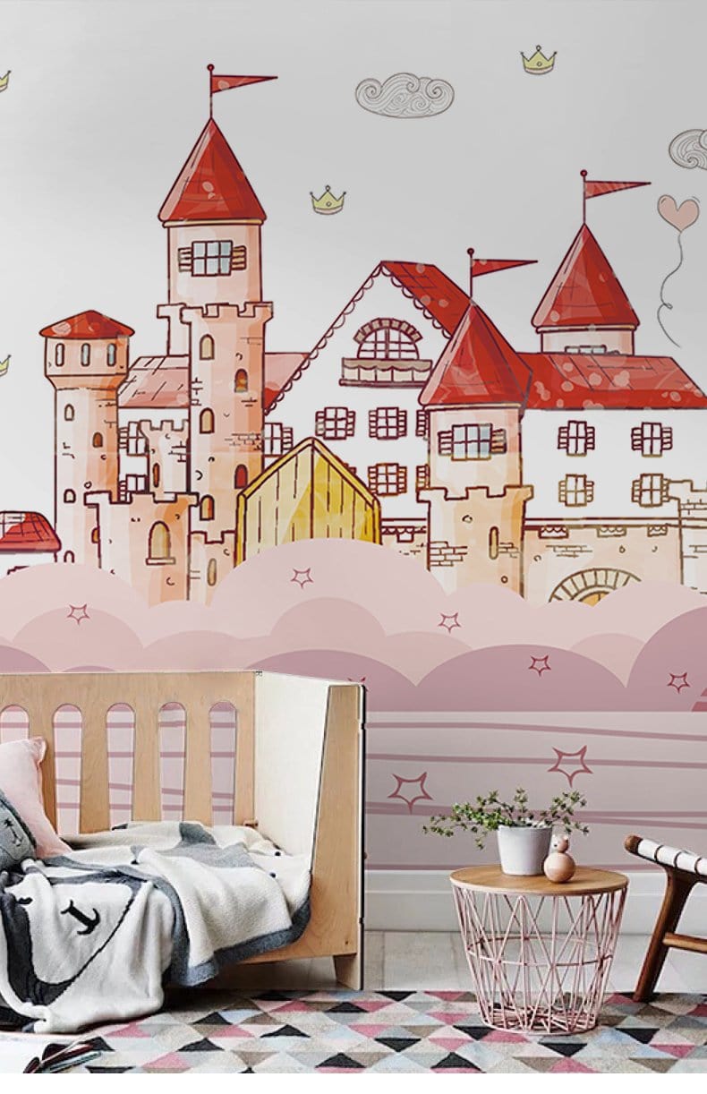 Whimsical pink castle mural wallpaper in children's room with wooden cot and geometric patterned floor.