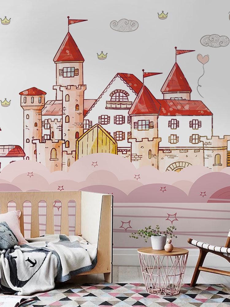 Whimsical Pink Castle Fantasy Mural Wallpaper for Children's Rooms Decor