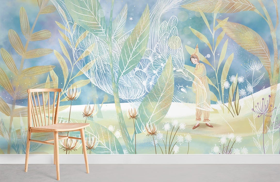 Whimsical Dreamscape Pastel Forest Mural Wallpaper in dining room with wooden chair and grey flooring.