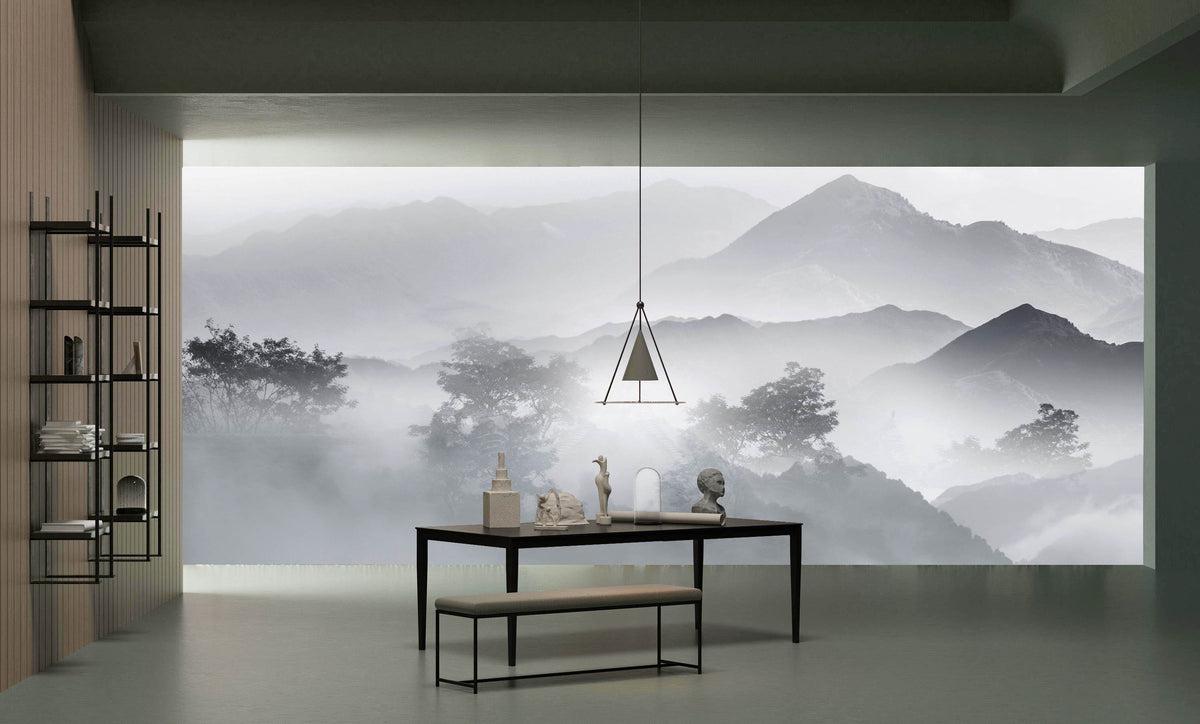 Ethereal misty mountain wallpaper, calming grey; minimalist dining room, black table, industrial shelves.