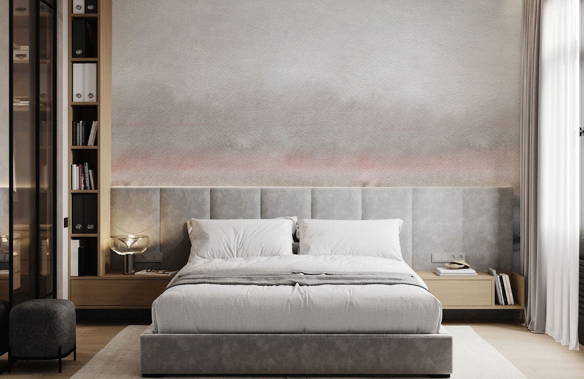 Elegant bedroom with Serene Misty Landscape wallpaper, soft grey headboard, modern bed, wooden shelves.
