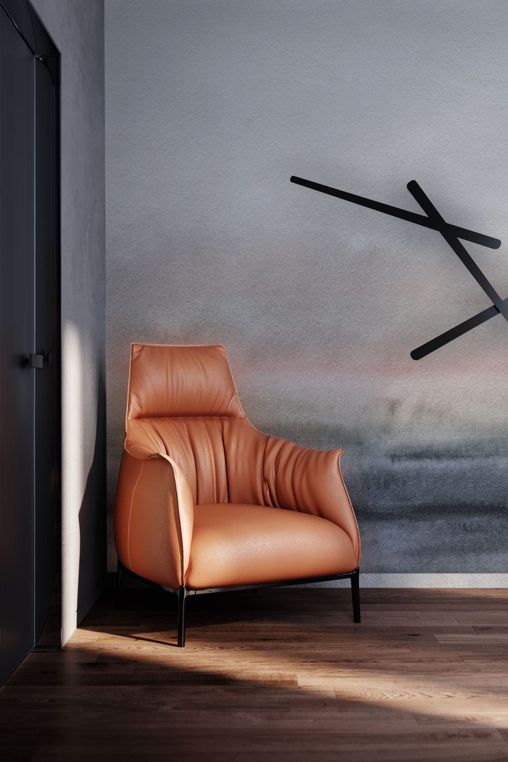 Sophisticated living room with Serene Misty Landscape mural, orange armchair, wooden flooring, minimalist decor.