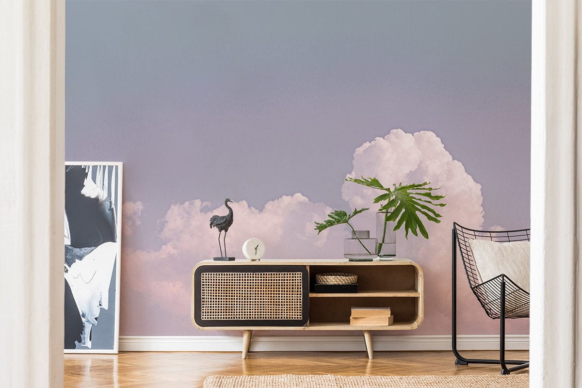 Dreamy Pastel Sky Cloudscape Wallpaper Mural in lounge with rattan sideboard, modern decor, wooden flooring.