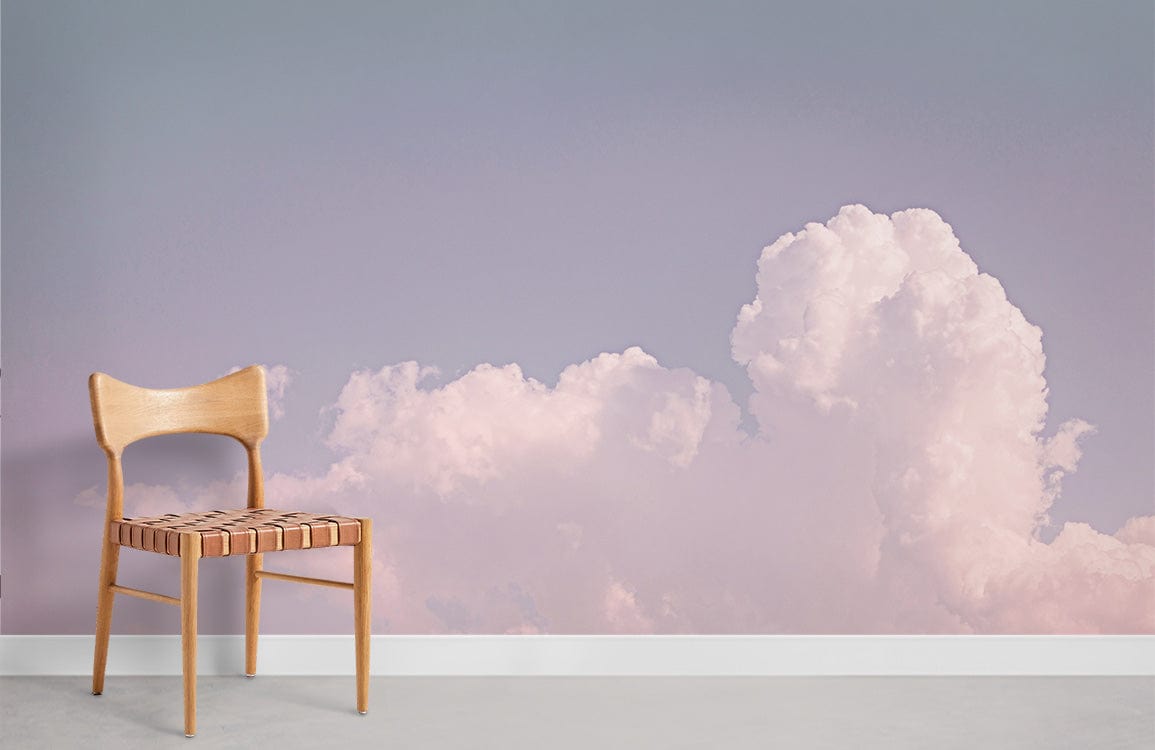 Dreamy Pastel Sky Cloudscape Wallpaper Mural with wooden chair on light carpet in tranquil room.