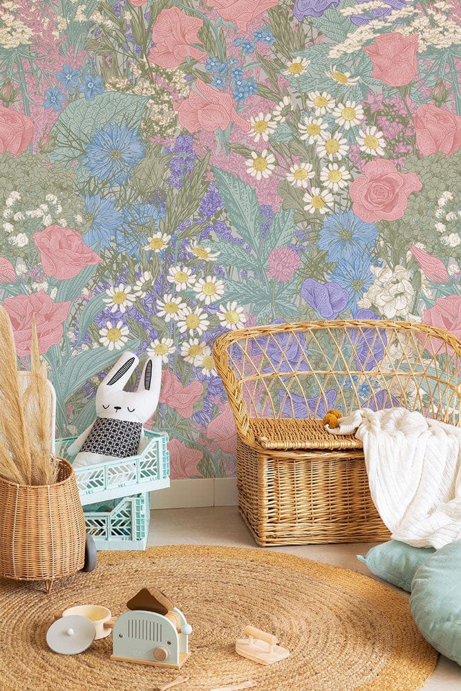 Vintage Pastel Floral Garden Wallpaper in playroom with rattan chair, soft toys, and beige rug.