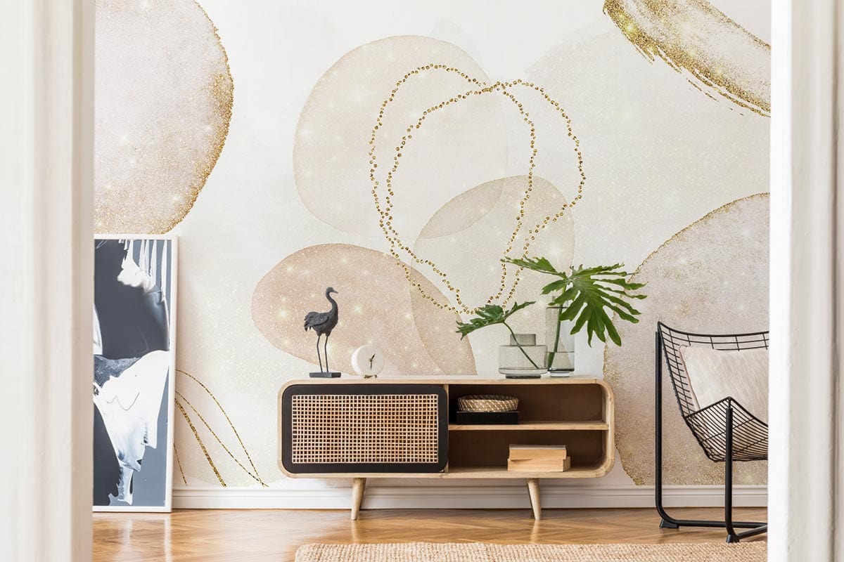 Elegant wallpaper in neutral tones with abstract texture, modern sideboard, black chair, wooden flooring.