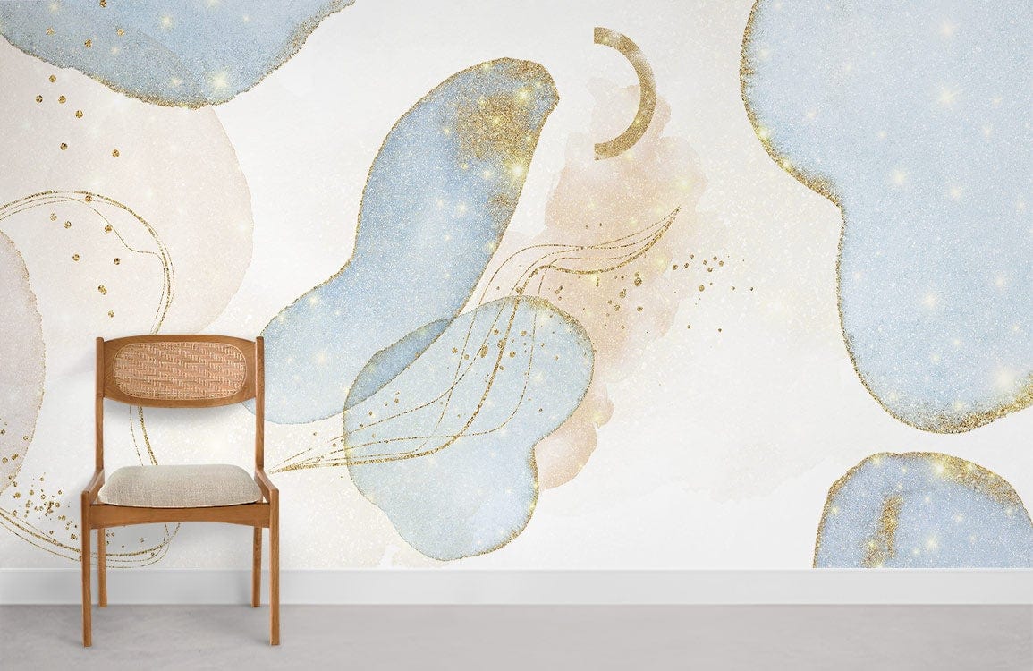 Dreamy Blue and Gold Abstract Watercolour Mural Wallpaper Pattern with wooden chair, white wall backdrop.