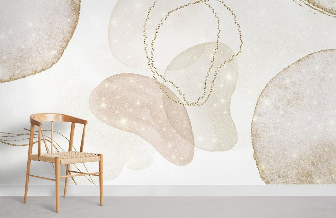 Elegant abstract wallpaper with neutral tones, light wood chair, modern interior, minimalist decor setup.