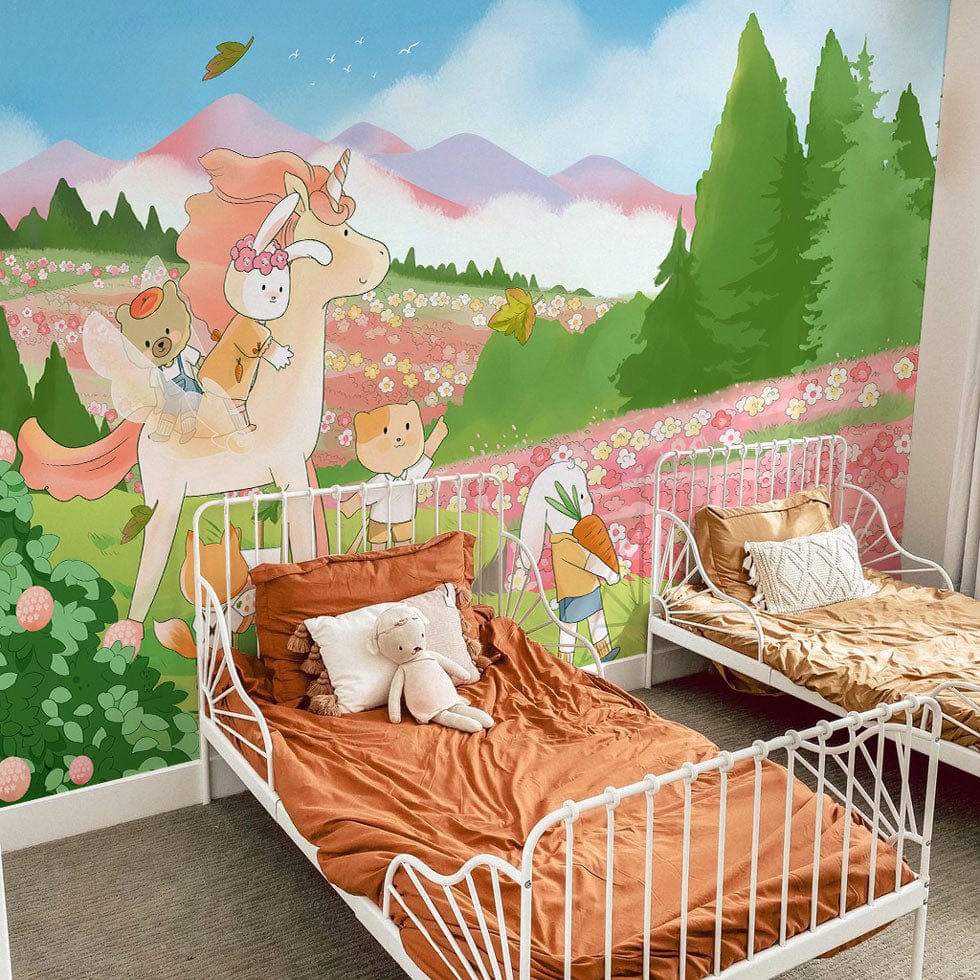 Children's bedroom with fantasy mural wallpaper, whimsical scene, white beds, orange bedding, grey carpet.