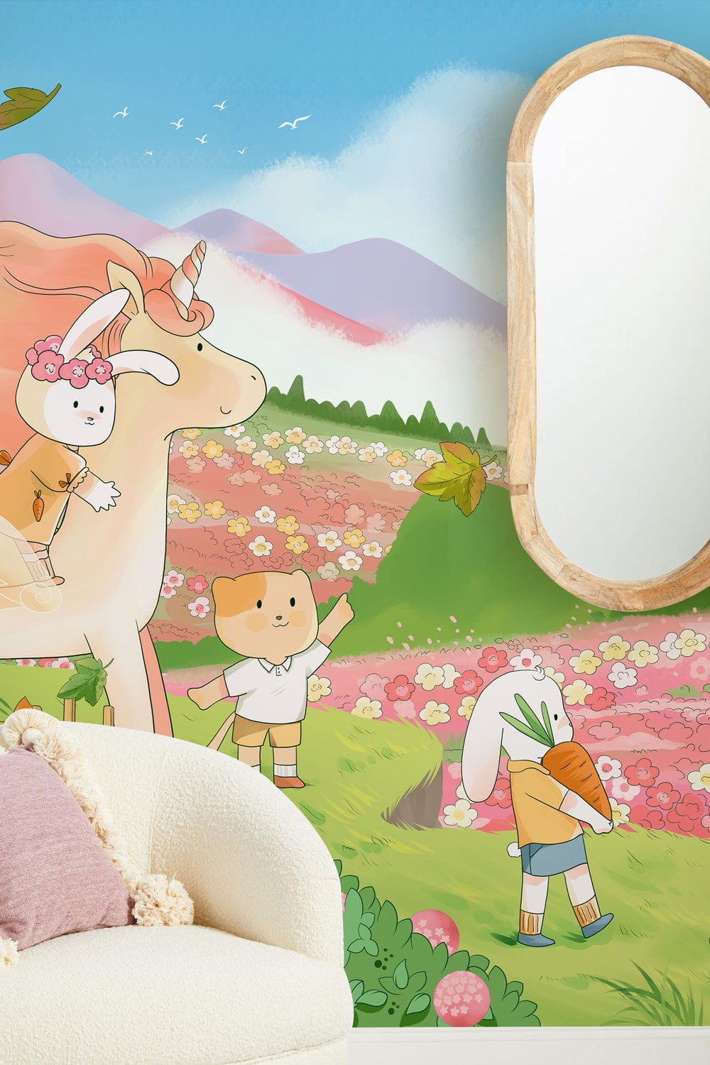 Whimsical Pastel Fantasy Landscape Mural with cute animals, cosy white sofa, oval wooden mirror.