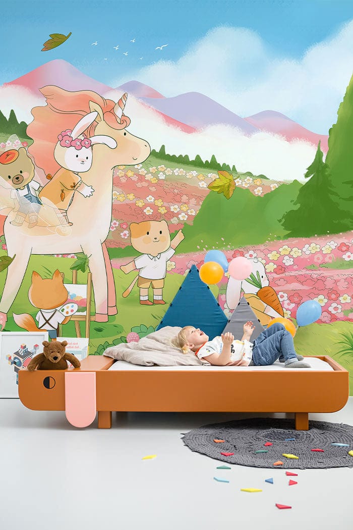 Whimsical Pastel Fantasy Mural Wallpaper, featuring cute animals in colourful children's bedroom with wooden bed.