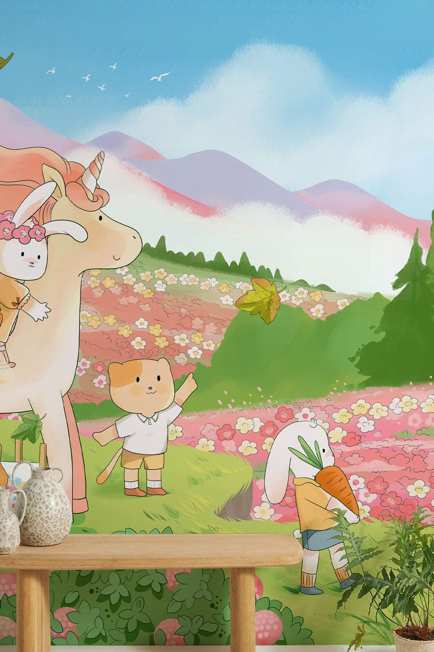 Whimsical Pastel Fantasy Landscape Mural with Cute Animals, wooden bench, colourful children's room decor.