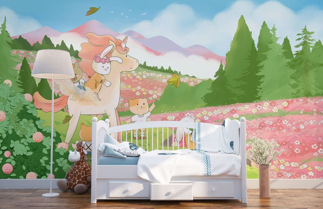 Whimsical pastel fantasy landscape mural in children's bedroom with white bed, colourful animal friends wallpaper.