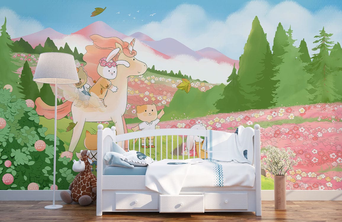 Whimsical pastel fantasy landscape mural in children's bedroom with white bed, colourful animal friends wallpaper.