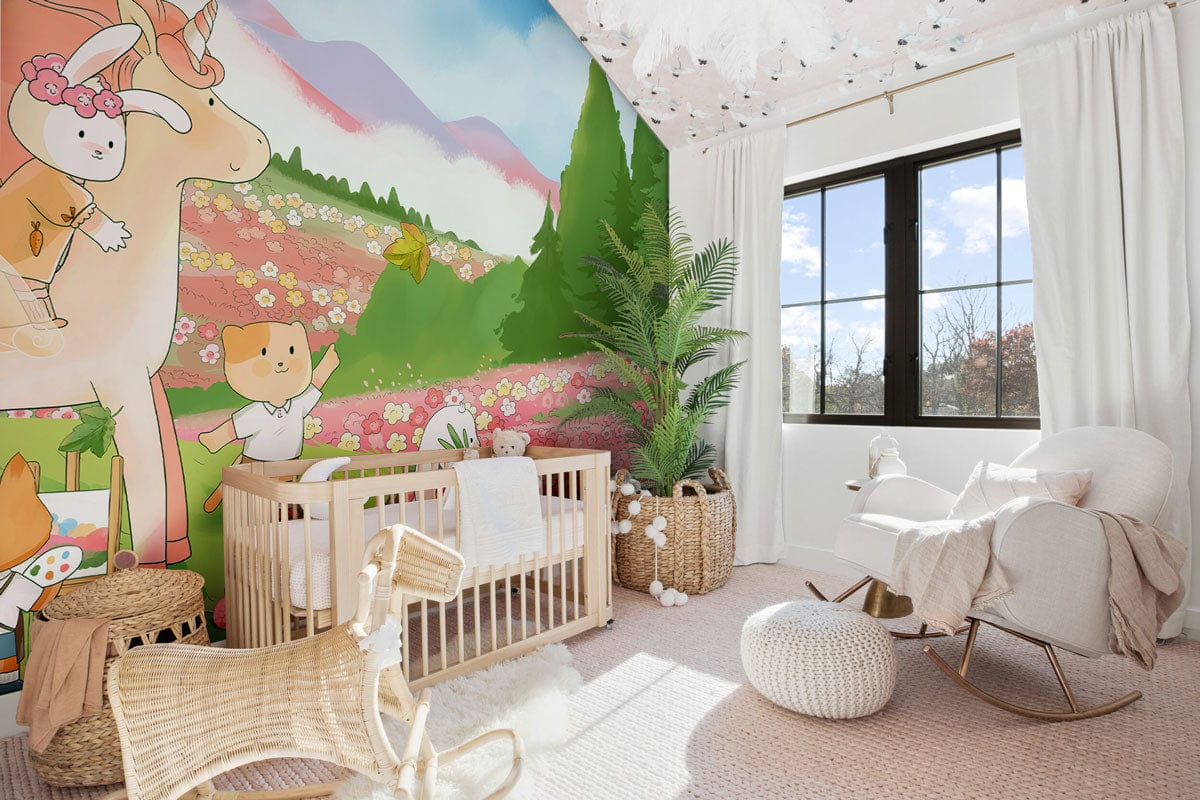 Cosy nursery with Whimsical Pastel Fantasy Landscape Mural, wooden cot, armchair, and soft pink carpet.