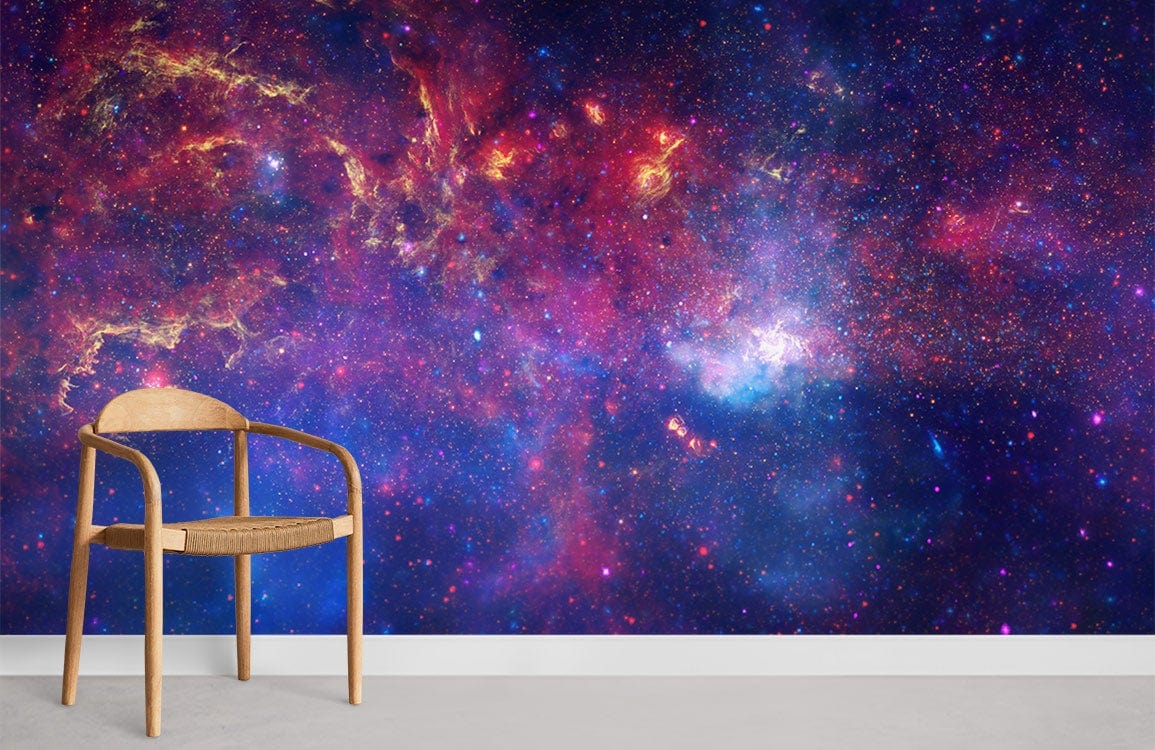 Cosmic Nebula Mural in vibrant blue and purple, wooden chair, modern room, grey flooring.