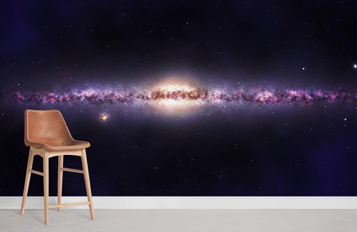 Milky Way Galaxy mural with leather chair in modern living room setting, starry night design.