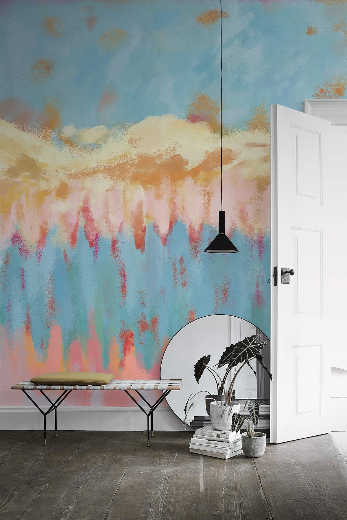 Serene Pastel Abstract Landscape Mural; soft blue, pink; rustic bench, dark wood flooring; decorative mirror.