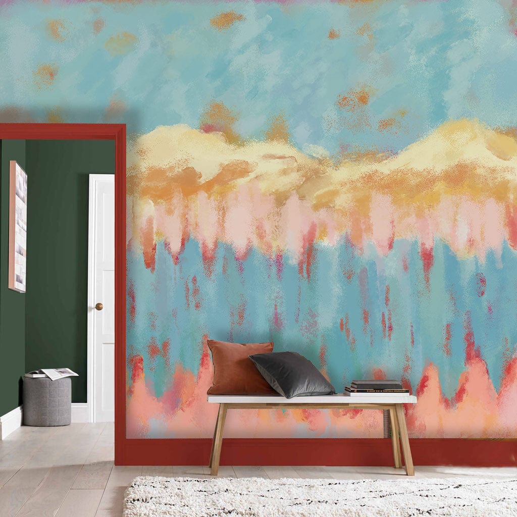 Pastel abstract landscape mural in soft blue, pink; wooden bench; grey flooring; hallway setting.