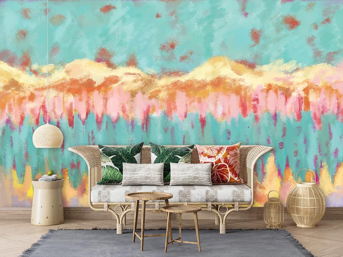 Abstract Pastel Landscape Mural Wallpaper in vibrant room, featuring rattan sofa, wooden tables, pendant light.