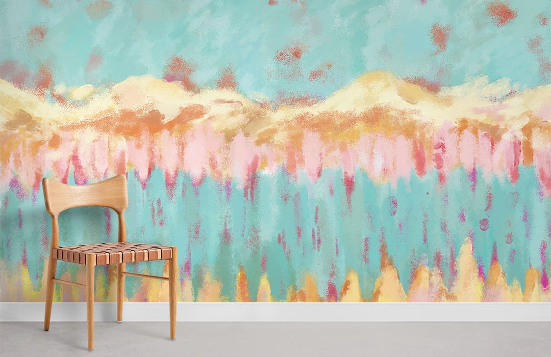 Abstract Pastel Landscape Mural Wallpaper in watercolour style with wooden chair on grey flooring.