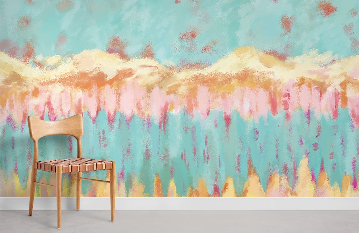 Abstract Pastel Landscape Mural Wallpaper in watercolour style with wooden chair on grey flooring.