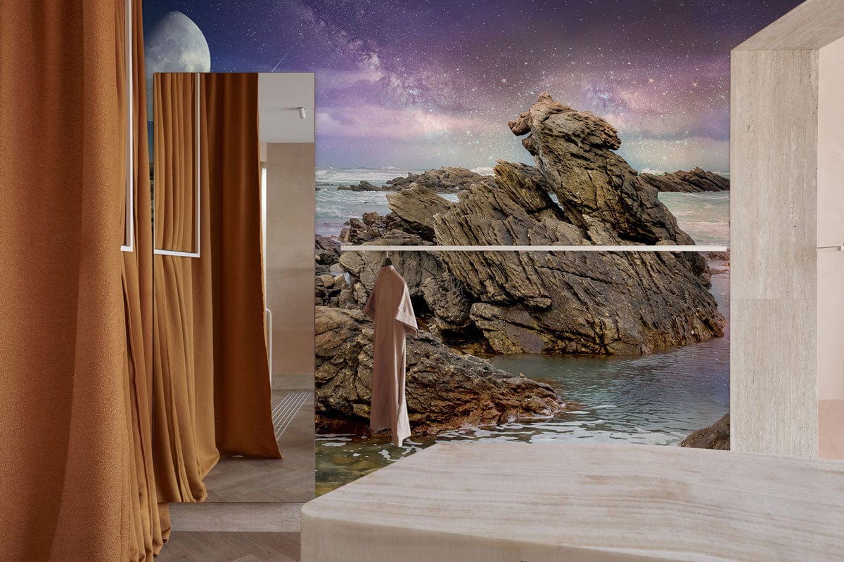 Mystical Coastal Nightscape mural with moonlit rocks, sea sky, brown curtains, beige room decor, wall art.