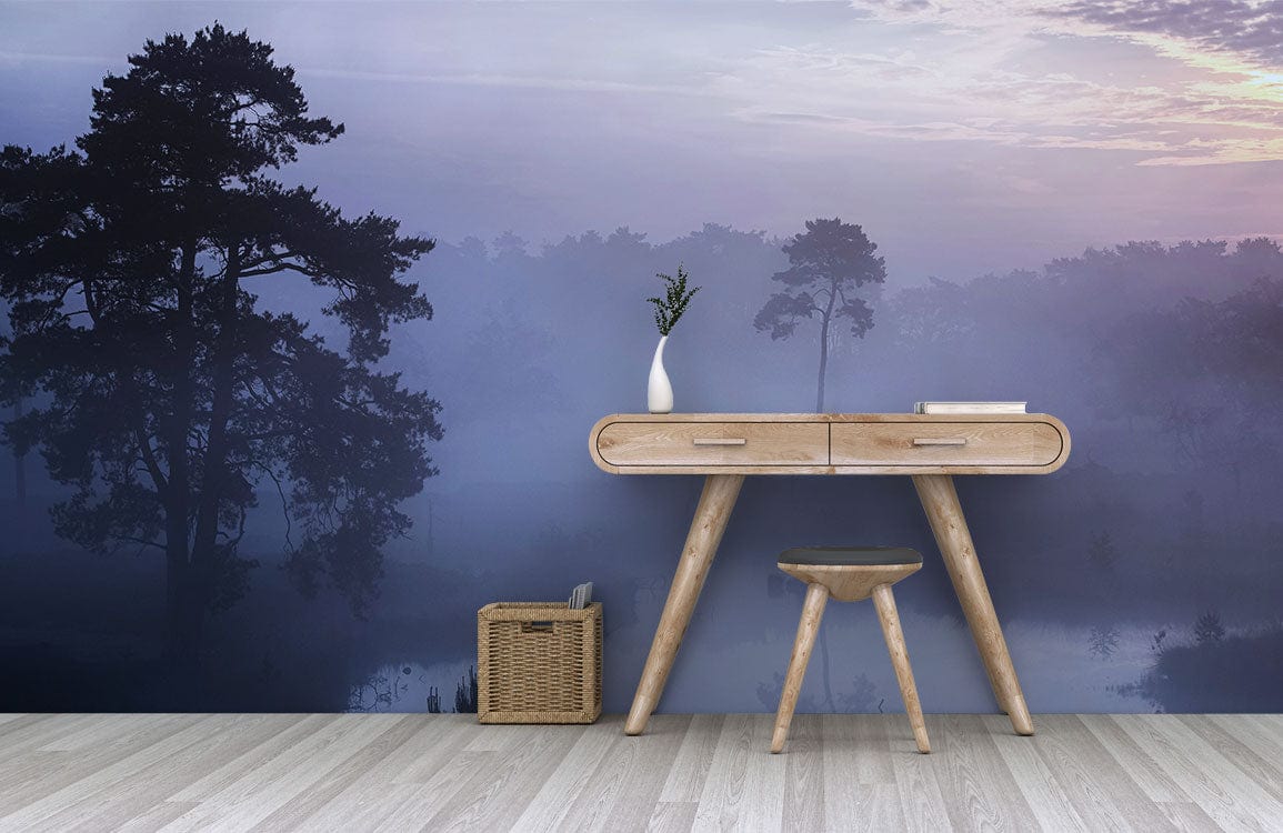 Tranquil forest wallpaper in serene blues, wooden desk, stool, basket on light wood floor.