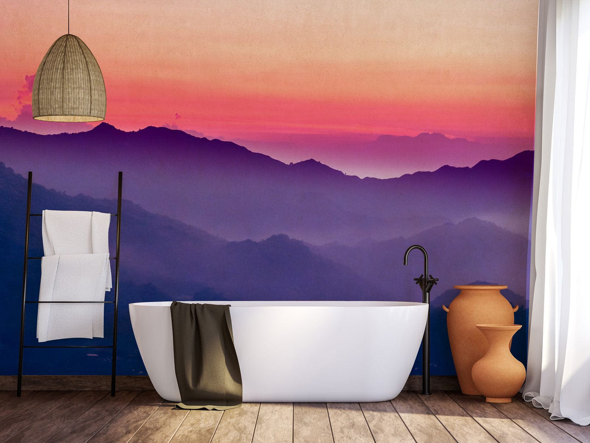 Tranquil Sunset Mountain Vista Wallpaper Mural in modern bathroom with freestanding bathtub, wooden flooring.