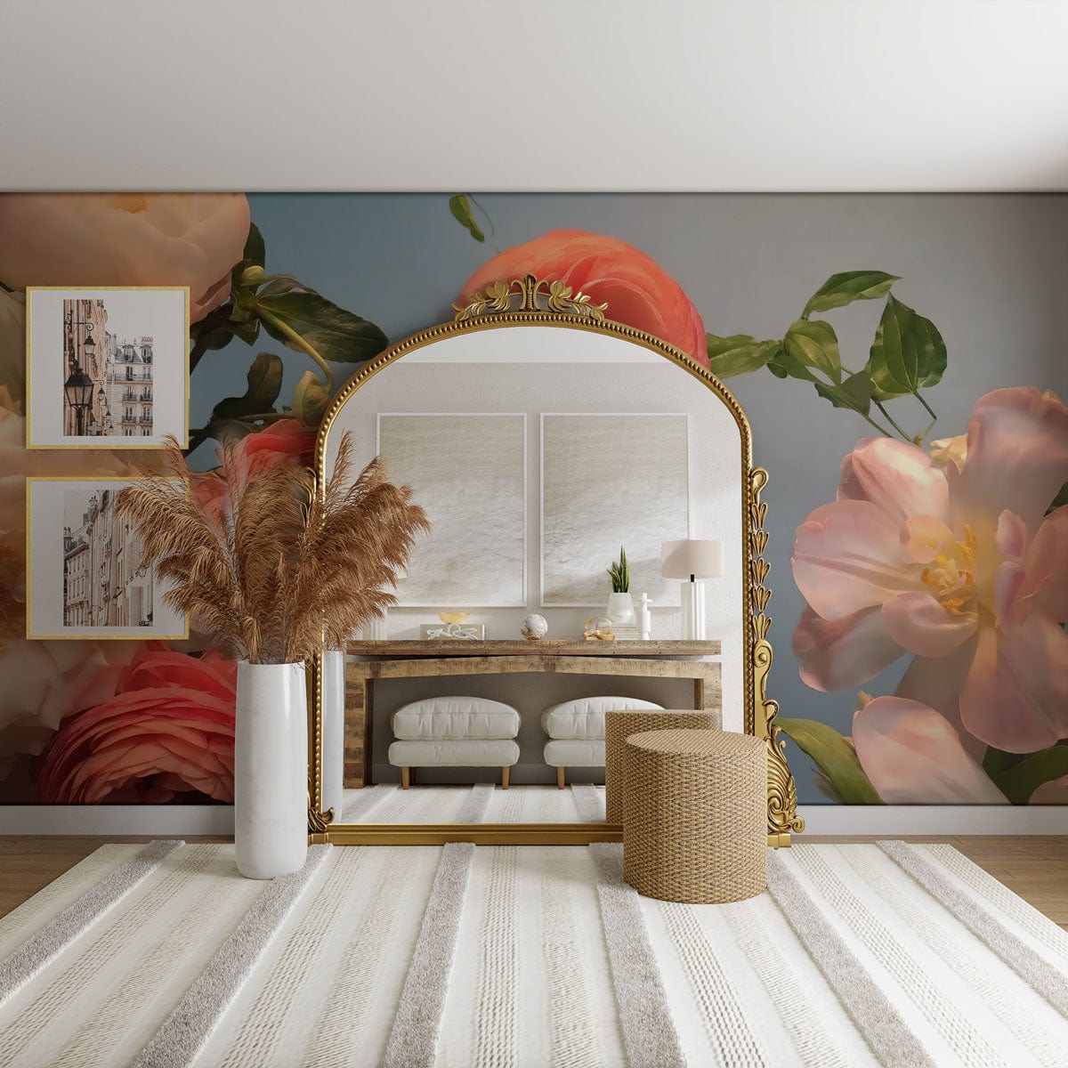 Elegant floral wallpaper with peach blossoms and green foliage; mirror, rug, and contemporary seating featured.