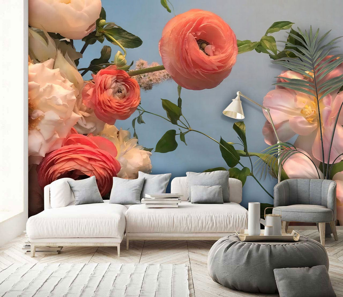 Elegant floral wallpaper in peach blossom, green foliage; white sofa, grey pouffe, modern living room.
